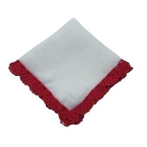 Vintage Handkerchief Handie Red Crochet Trim White Red 12in x 12in